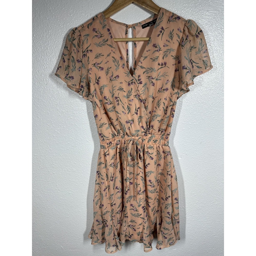 three pink hearts Dress Womens XS Peach Floral Wrap Ruffle Hem Tie Waist V Neck